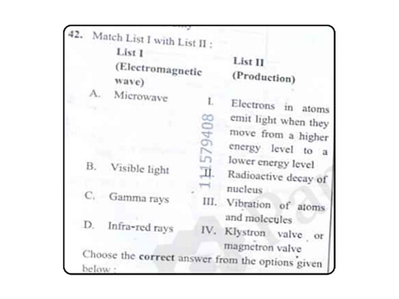 NEET 2026 Physics question 42: match electromagnetic waves with their production